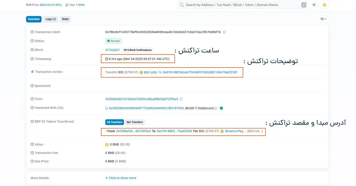 نمایش وضعیت و جزئیات انتقال تتر BEP20 در BscScan