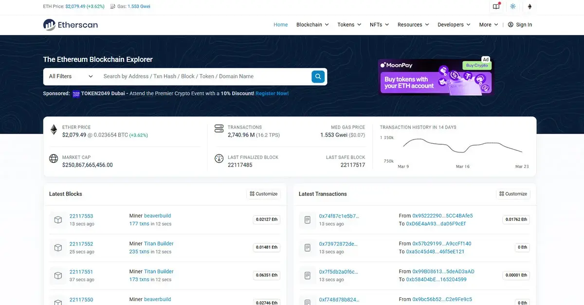 صفحه اصلی Etherscan برای جست‌وجوی تراکنش تتر ERC20