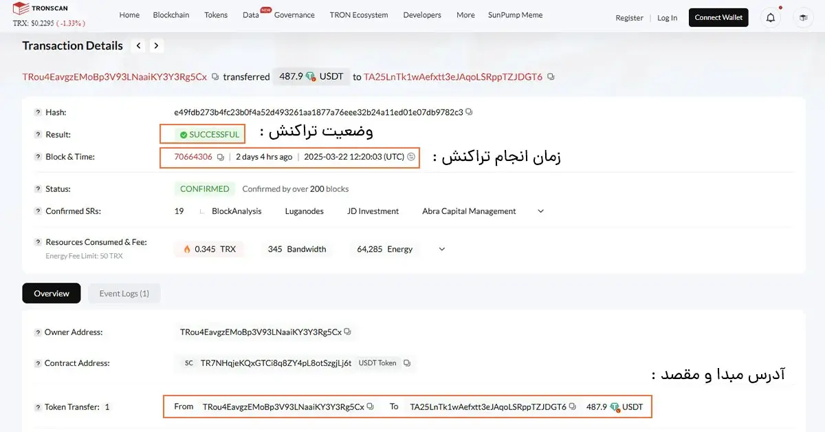 نمایش وضعیت و جزئیات تراکنش تتر TRC20 در Tronscan