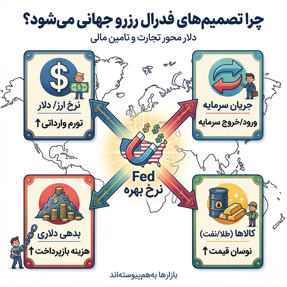 اینفوگرافیک کانالهای اثر تصمیم فدرال رزرو بر اقتصاد جهانی