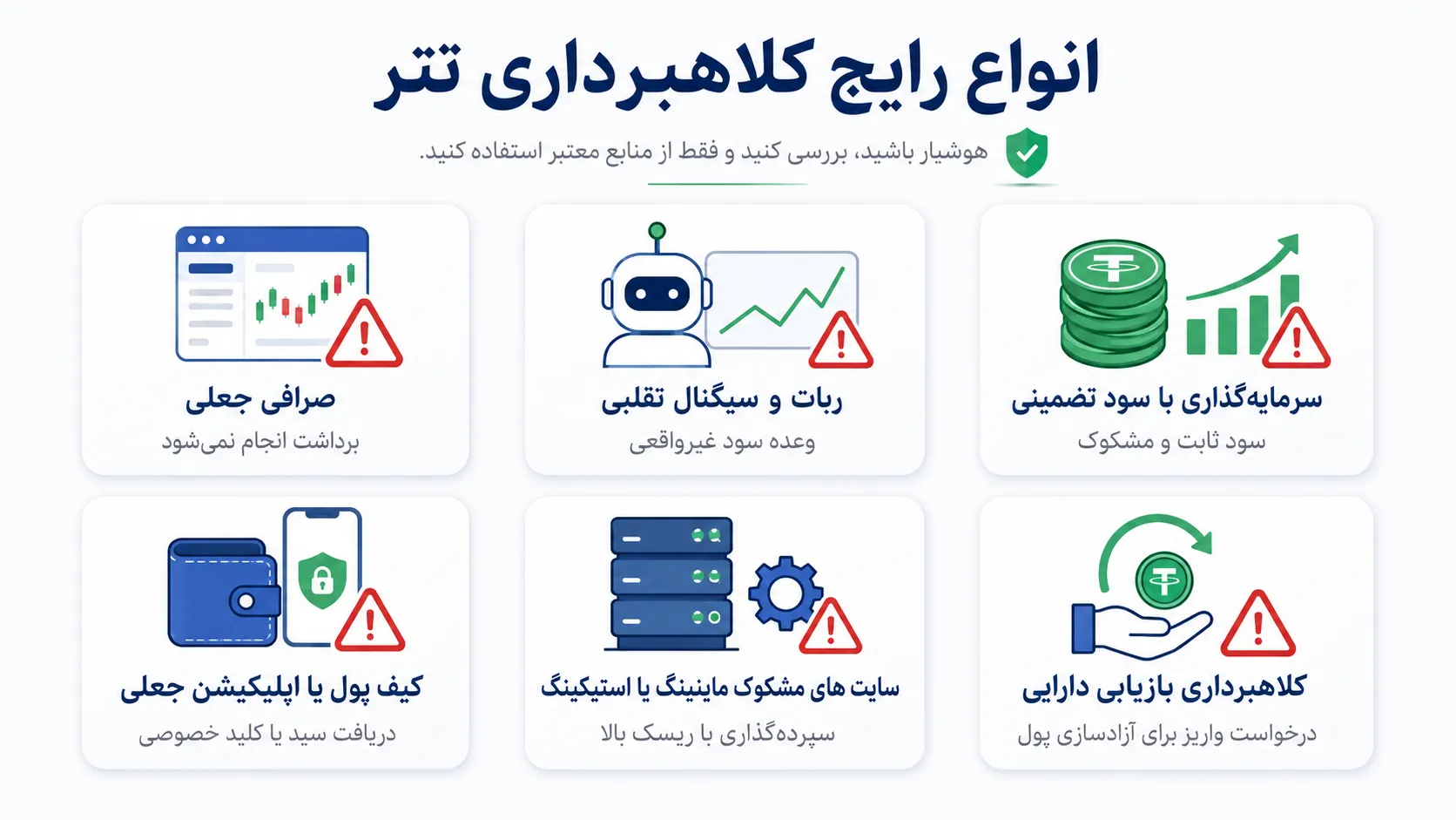 اینفوگرافیک انواع رایج کلاهبرداری تتر شامل صرافی جعلی و کیف پول جعلی