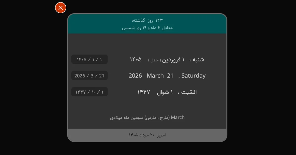 تبدیل تاریخ شمسی 1 فروردین 1405 به میلادی 21 مارس 2026 برای بررسی موجودی کیف پول