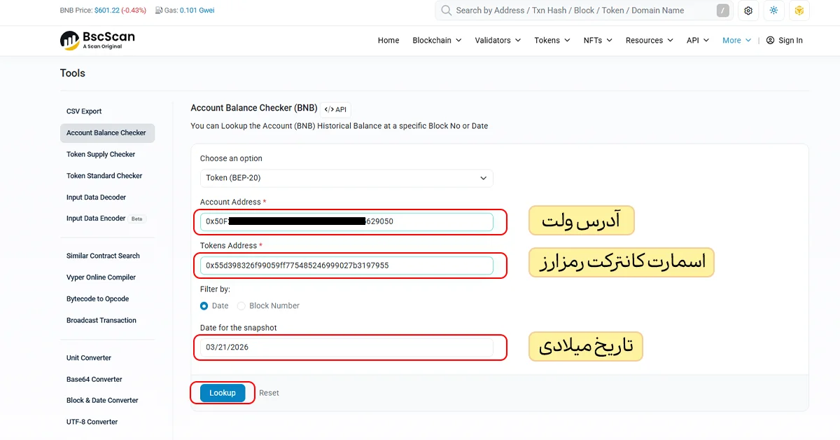 تکمیل فرم ابزار Balance Check سایت BscScan برای بررسی موجودی تتر BEP20 در تاریخ مشخص