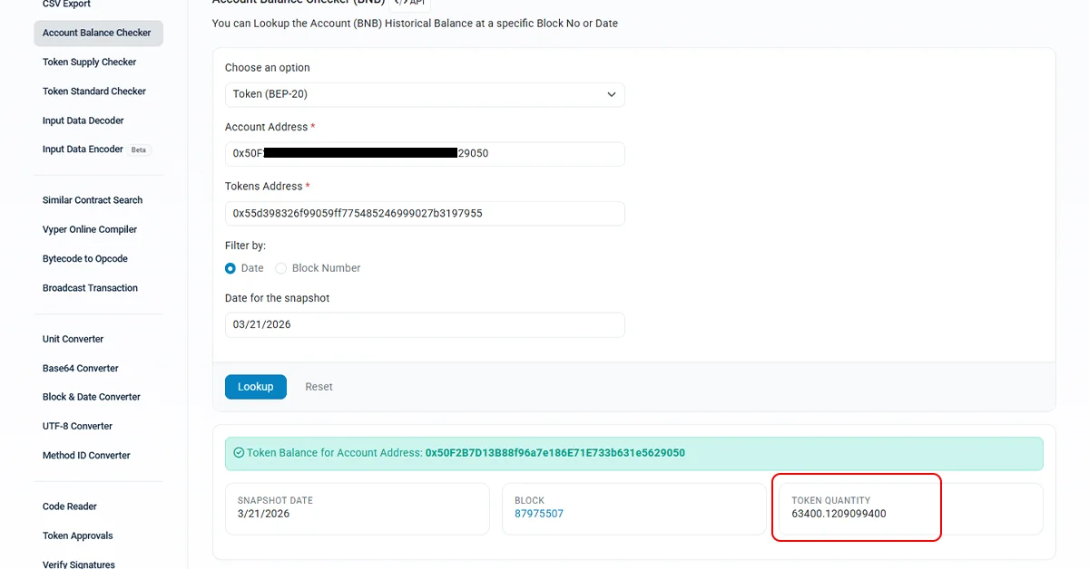 خروجی ابزار BscScan و نمایش موجودی تتر در ستون Token Quantity برای تاریخ انتخاب‌شده